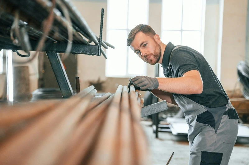funcionário de fábrica de roupa cinza fazendo a medição de peças de grande porte na indústria