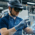 imagem retrata a aplicação prática da Indústria 4.0 em um ambiente de manufatura avançada, destacando o uso da Realidade Aumentada (AR) para otimização de processos.