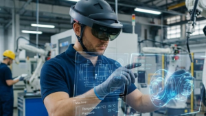 imagem retrata a aplicação prática da Indústria 4.0 em um ambiente de manufatura avançada, destacando o uso da Realidade Aumentada (AR) para otimização de processos.