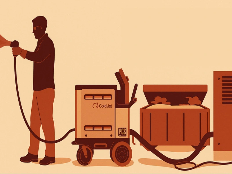 desenho de funcionário fazendo uma limpeza com gelo seco de equipamentos