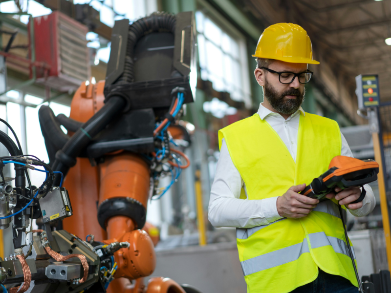 A imagem mostra um homem em um ambiente industrial operando ou monitorando um robô.