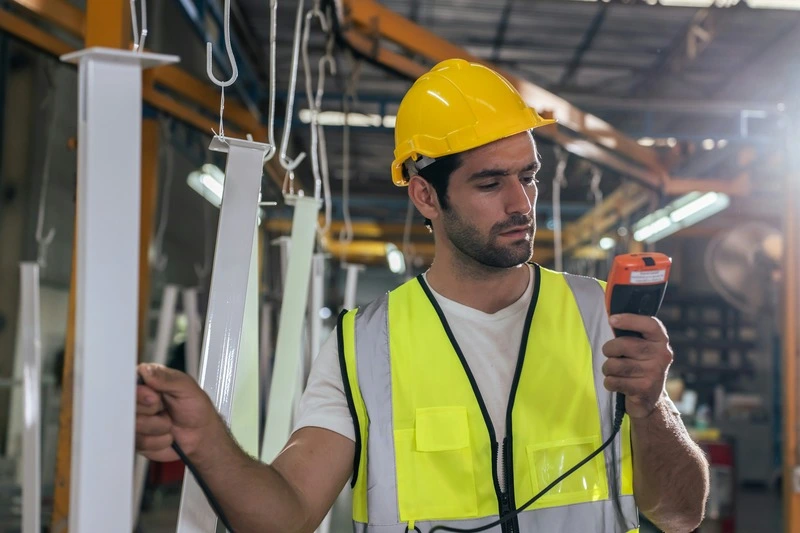 funcionário fazendo o controle de qualidade industrial através de aparelho