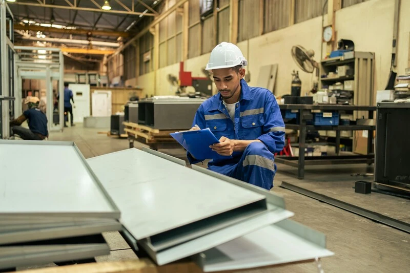 funcionário de macacão azul e capacete branco preenche uma prancheta para controle de qualidade industrial