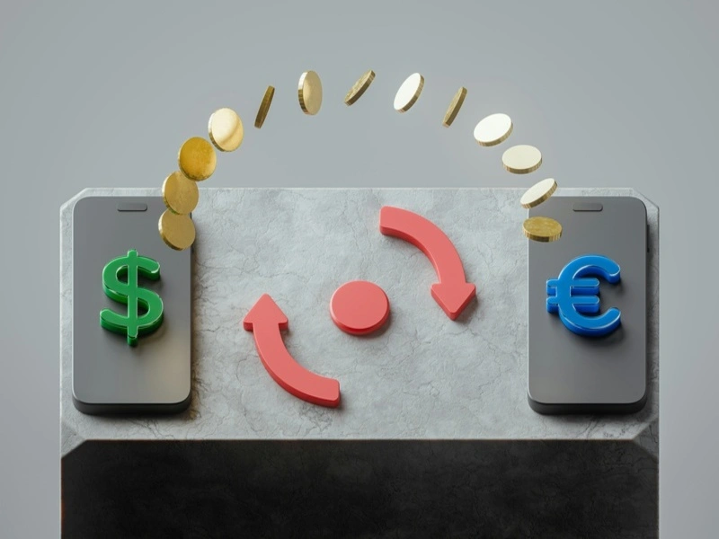 arte sobre taxa de câmbio na indústria com moedas sendo convertidas