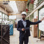 A imagem mostra um profissional da área industrial — usando capacete de segurança, óculos de proteção e traje formal — em uma fábrica ou chão de produção, apontando para um quadro com diagramas e informações organizadas com alfinetes coloridos. Ele segura um tablet, indicando o uso de tecnologia no acompanhamento das operações.
