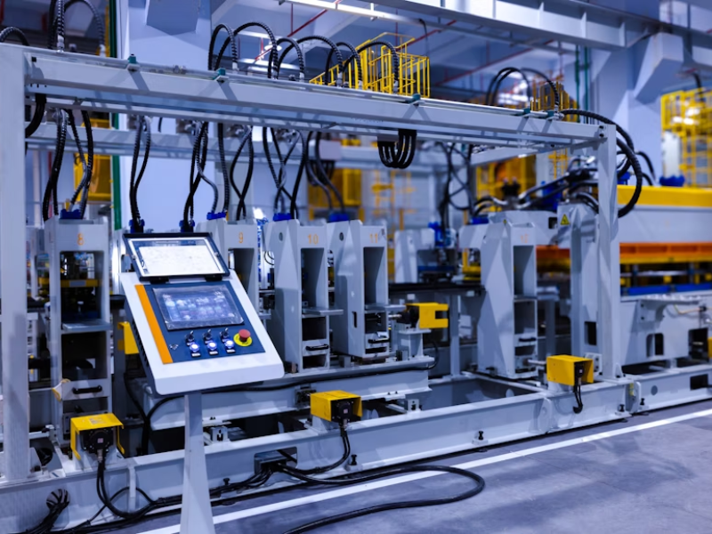 A imagem mostra uma linha de produção automatizada com máquinas industriais de alta tecnologia, sensores e um painel de controle digital em destaque. Esse ambiente representa perfeitamente a automação e rastreabilidade na indústria, elementos-chave da Indústria 4.0.