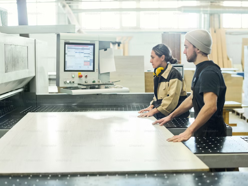 A imagem retrata dois trabalhadores em um ambiente de chão de fábrica ou oficina de produção, especificamente relacionado ao setor de móveis ou marcenaria, o que é sugerido pelo nome do arquivo ("automação robótica para PMEs moveleiras.jpg").