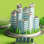 A imagem é uma ilustração digital 3D que representa um modelo de cidade inteligente e sustentável, combinando arquitetura moderna com fontes de energia renovável e áreas verdes, em um fundo de cor verde-limão vibrante.