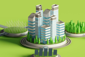 A imagem é uma ilustração digital 3D que representa um modelo de cidade inteligente e sustentável, combinando arquitetura moderna com fontes de energia renovável e áreas verdes, em um fundo de cor verde-limão vibrante.