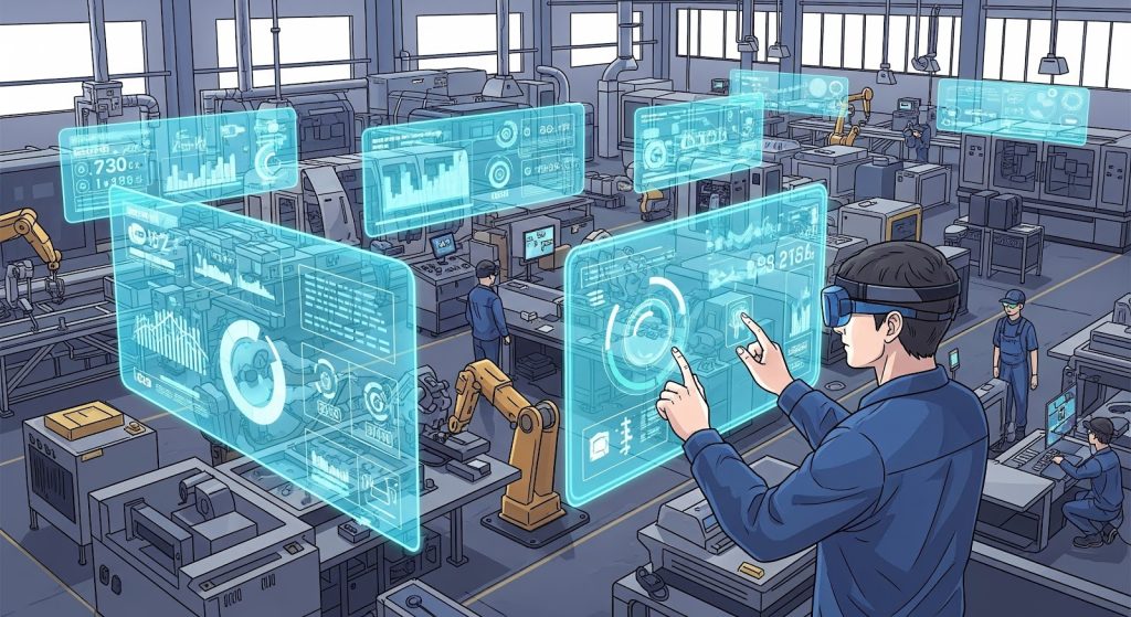 imagem é uma ilustração digital que detalha o conceito de uma Smart Factory (Fábrica Inteligente), focando no monitoramento e controle de processos através de tecnologias de visualização avançadas.