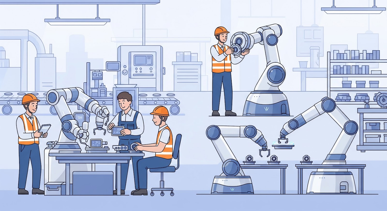 Ambiente de fábrica tecnológica com vários braços robóticos articulados distribuídos pelo espaço.