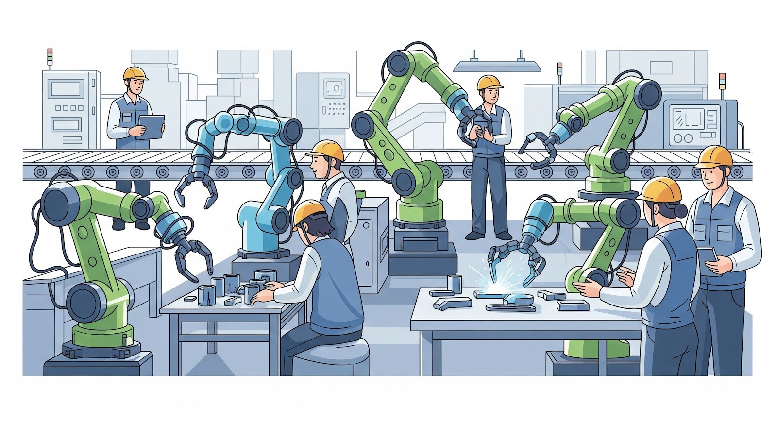 Esta imagem ilustra um ambiente industrial moderno, destacando a colaboração entre humanos e máquinas em uma linha de montagem automatizada.