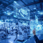 Esta imagem retrata um cenário de manufatura avançada e Indústria 4.0, onde a tecnologia digital e a automação física se fundem. A estética é futurista, dominada por tons de azul e iluminação neon.