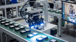 Esta imagem foca em um sistema de visão computacional e controle de qualidade automatizado em uma linha de produção.