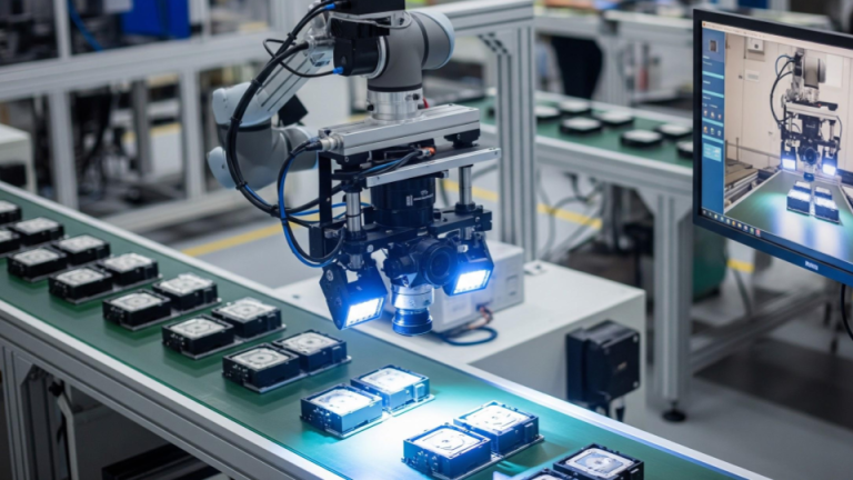 Esta imagem foca em um sistema de visão computacional e controle de qualidade automatizado em uma linha de produção.