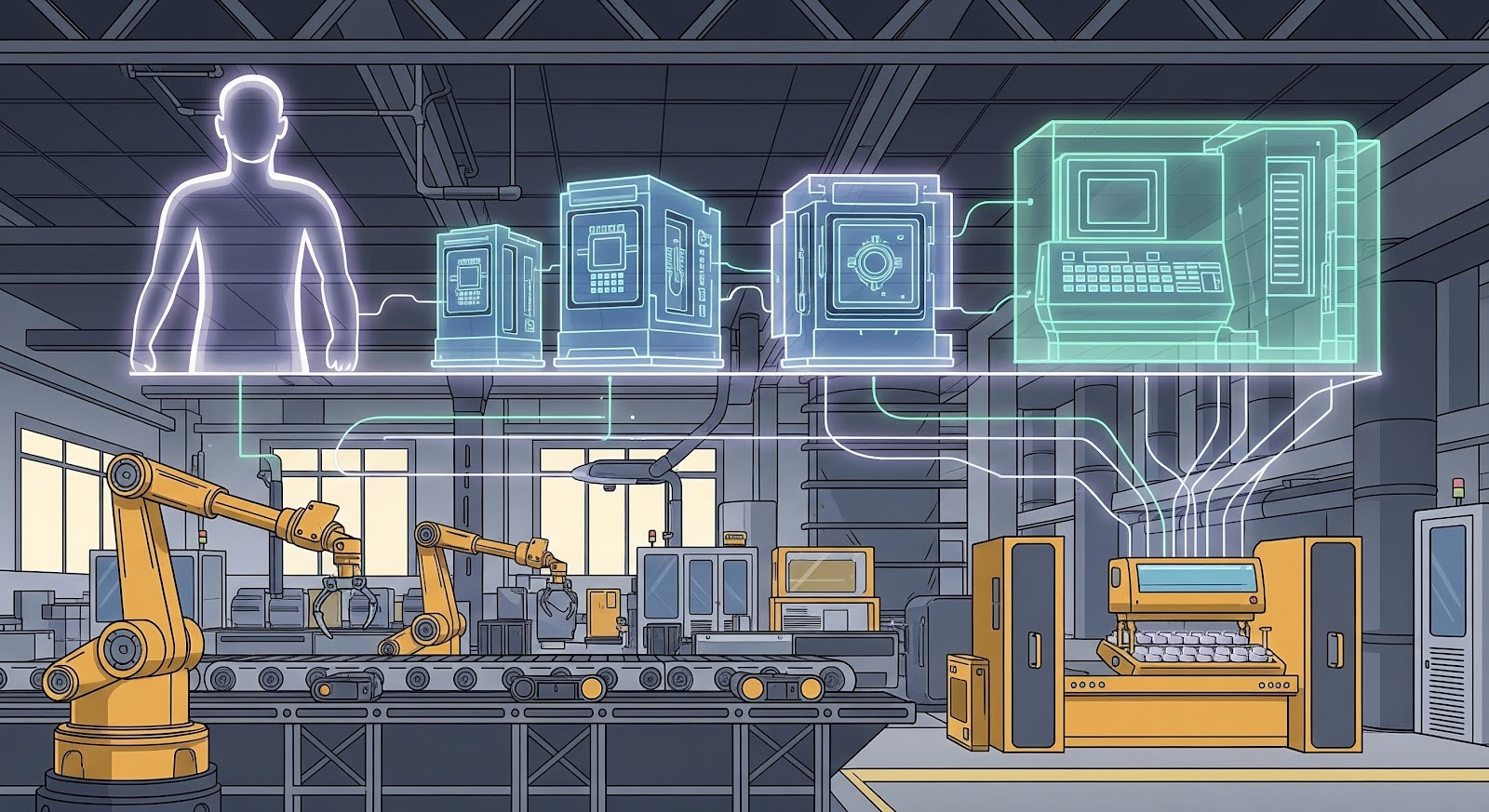 Esta imagem apresenta uma ilustração que combina elementos de uma fábrica física com uma camada digital superior, simbolizando a conectividade e o monitoramento industrial.