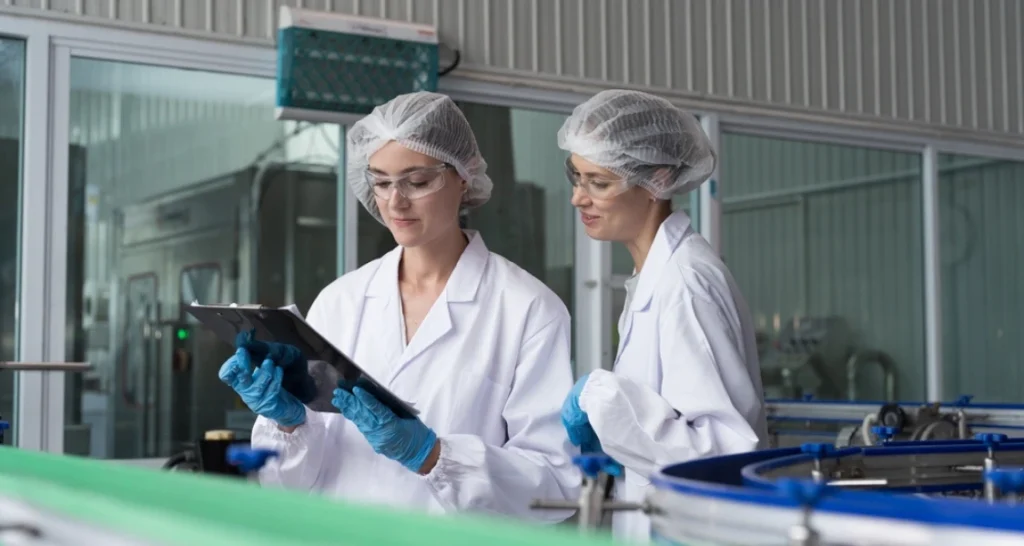 Duas mulheres analisam informações em um tablet em um ambiente de laboratório. Elas usam óculos de proteção e toucas, indicando um ambiente controlado para pesquisa.