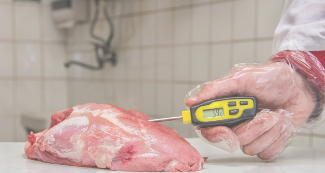 A imagem foca em uma inspeção de qualidade e segurança alimentar, especificamente na medição da temperatura interna de um pedaço de carne.