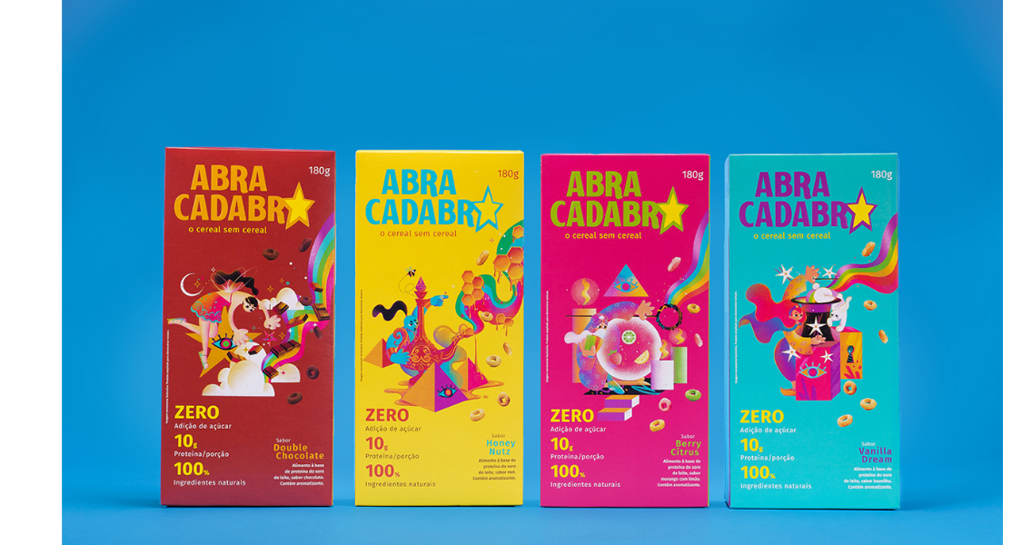 A imagem mostra quatro embalagens vibrantes da linha de cereais "ABRACADABRA – o cereal sem cereal", dispostas lado a lado sobre um fundo azul. As embalagens usam cores intensas e elementos gráficos lúdicos para atrair a atenção e transmitir uma sensação de magia, diversão e sabor.