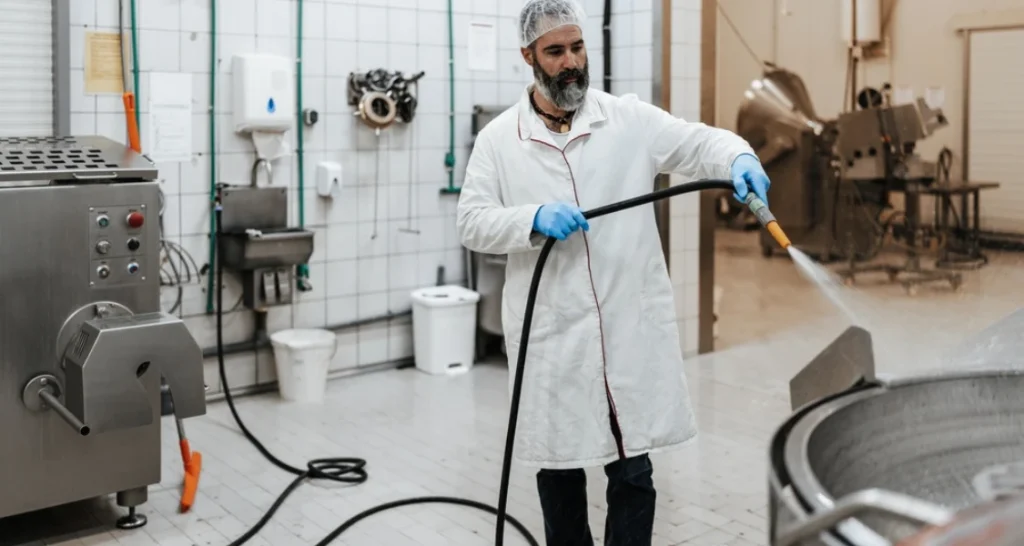 Homem em uma cozinha industrial higienizando uma panela grande com ajuda de um tubo de limpeza, vestindo roupa de proteção e luvas.