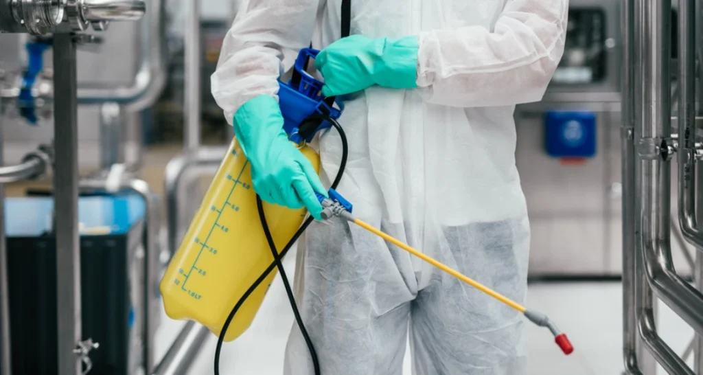 Imagem de um profissional de saúde usando traje de proteção realizando desinfecção em ambiente hospitalar, com equipamento de spray.