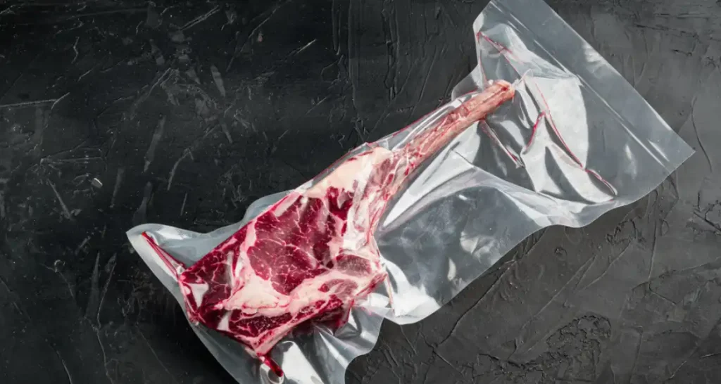Carne de cordeiro embalada a vácuo sobre uma superfície escura.
