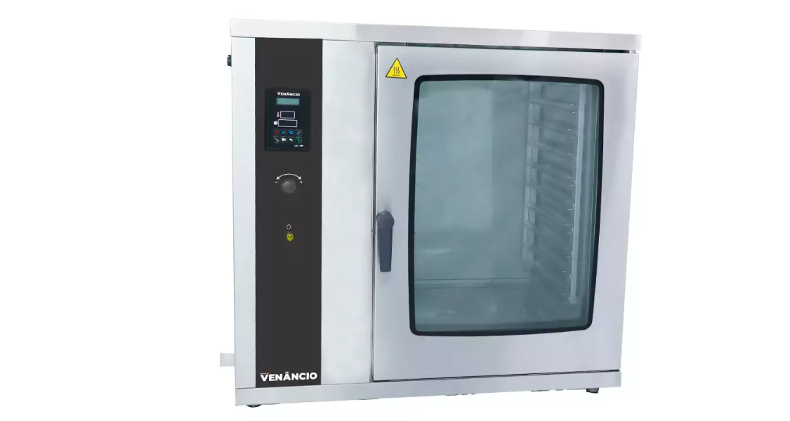 A imagem é uma fotografia ou renderização de estúdio de um forno combinado industrial, isolado em um fundo branco, destacando seu design e painel de controle.