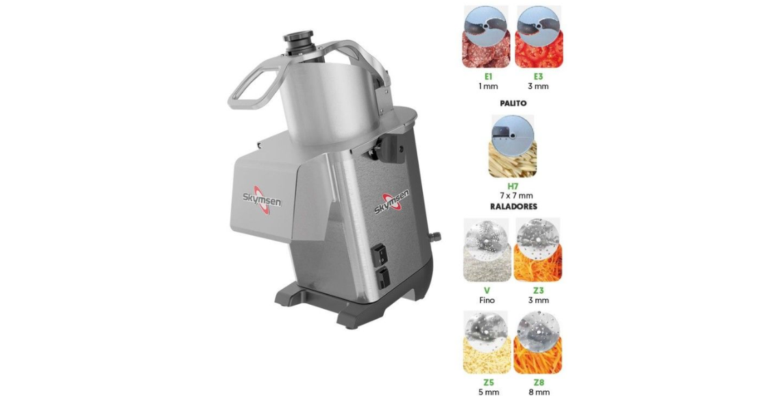 A imagem apresenta um processador de alimentos industrial e uma demonstração visual dos diversos discos de corte e ralagem que podem ser utilizados com ele.