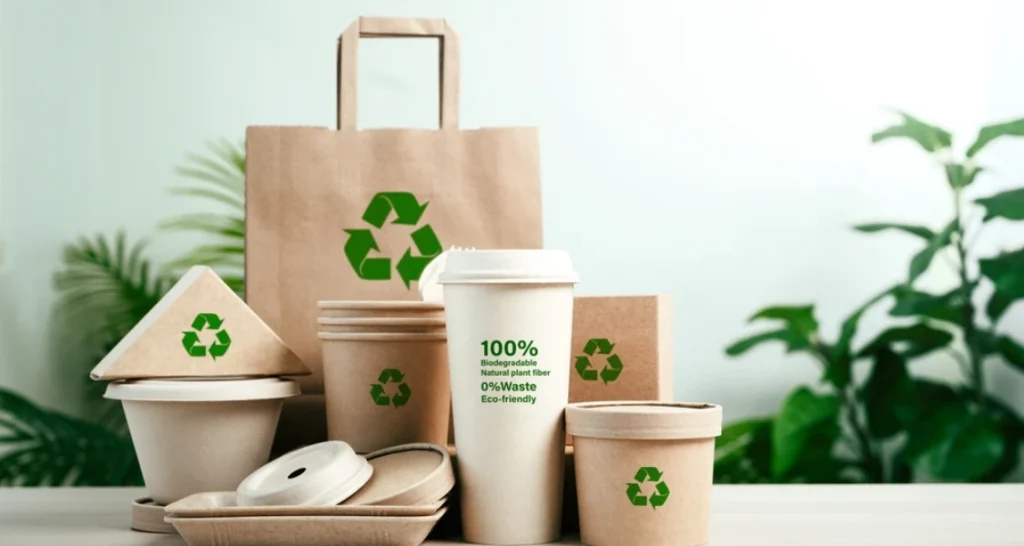 Várias embalagens ecológicas e biodegradáveis feitas de papel, com símbolos de reciclagem, mostrando preocupação com a sustentabilidade e o meio ambiente.
