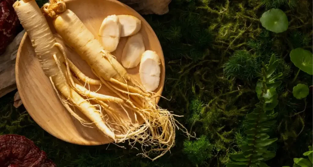 Gengibre fresco com fatias cortadas, disposto em um prato de madeira, foto com fundo de folhas verdes e musgo, destacando os benefícios do gengibre para a saúde.