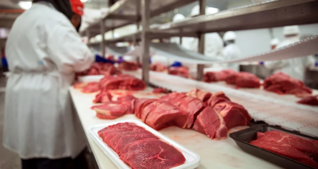 Carne sendo processada em frigorífico ou açougue, com trabalhadores em jalecos e luvas, destacando cortes de carne vermelha para diversos usos.