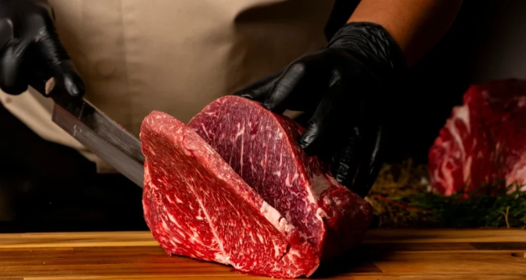 Imagem de um corte de carne premium com alta marmorização sendo preparado para cozinhar, focada em qualidade e sabor.