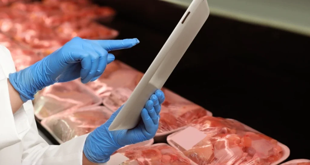 Profissional de inspeção de carne usando tablet no frigorífico, verificando cortes de carne bovina frescos em ambiente frigorífico.
