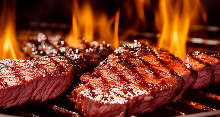 Beef ancho grelhado na churraqueira, há labaredas saindo da churrasqueira