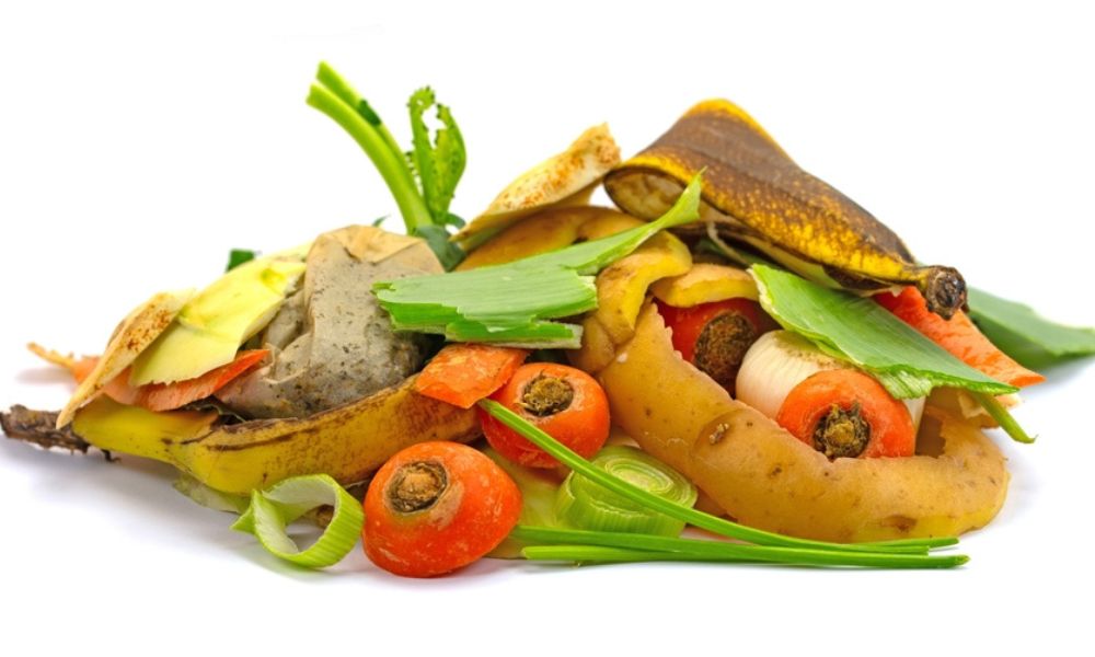 Uma pilha de resíduos alimentares e restos orgânicos sobre fundo branco, incluindo cascas de banana, rodelas de cenoura e folhas verdes.