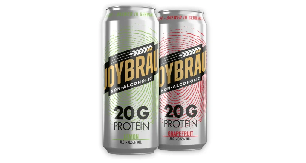 Cervejas Joybräu com 20g de proteína, disponíveis nos sabores limão e grapefruit, fabricadas na Alemanha.