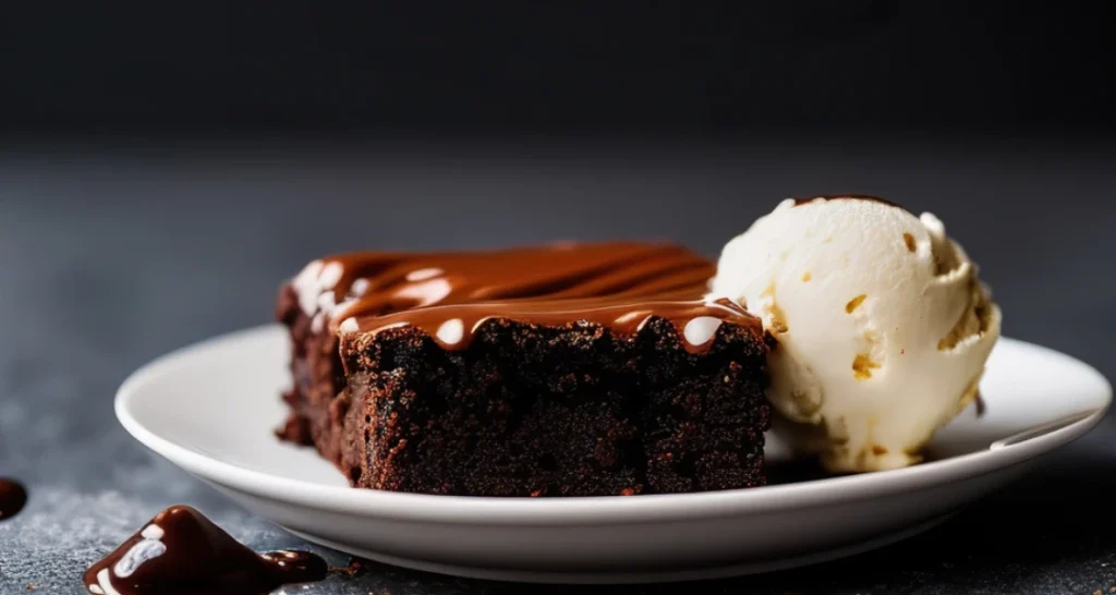 Delicioso bolo de chocolate acompanhado de uma bola de sorvete de baunilha, servido em um prato branco com fundo escuro.