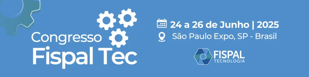 Imagem promocional do Congresso Fispal Tec 2025 em São Paulo, destacando datas de 24 a 26 de junho, realizado no São Paulo Expo, com logos e elementos gráficos relacionados à tecnologia.