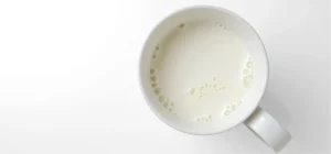Tigela branca vista de cima com leite ou bebida láctea sobre fundo branco, ideal para descrever conteúdo relacionado a leite ou produtos lácteos. A imagem reflete sobre fermentação de precisão.