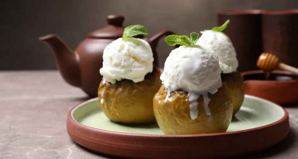 Maçãs assadas recheadas com sorvete de creme e decoradas com hortelã, apresentadas em um prato rústico de cerâmica, com uma chaleira de chá ao fundo.