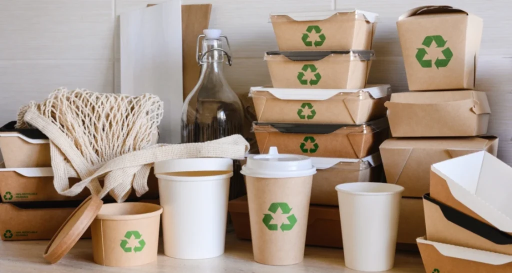 Vários recipientes de alimentos e bebidas sustentáveis de papel e vidro, com símbolos de reciclagem, em ambiente de cozinha que promove práticas ecológicas.