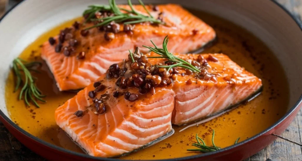 Salmão assado com molho de azeite e especiarias, decorado com ramos de alecrim, pronto para servir.