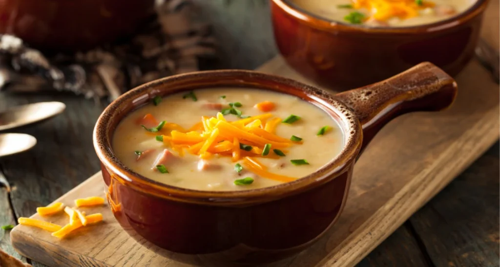 Sopa de frango cremosa com queijo ralado e cebolinha, servida em tigelas de barro, ideal para o conceito de "comida como terapia".