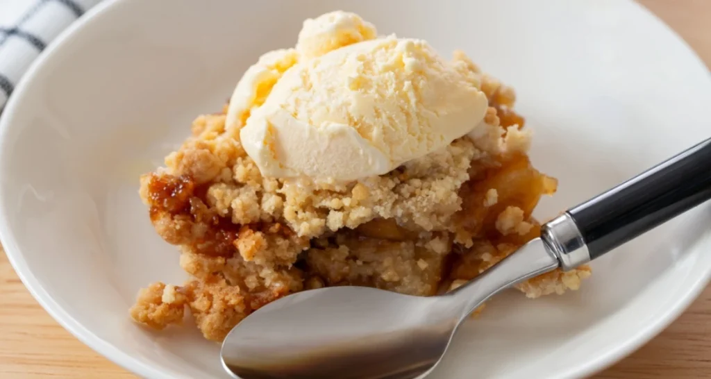 Sobremesa de torta de maçã com sorvete de creme em uma tigela branca, destaque para a textura crocante do recheio de maçã e a cremosidade do sorvete.