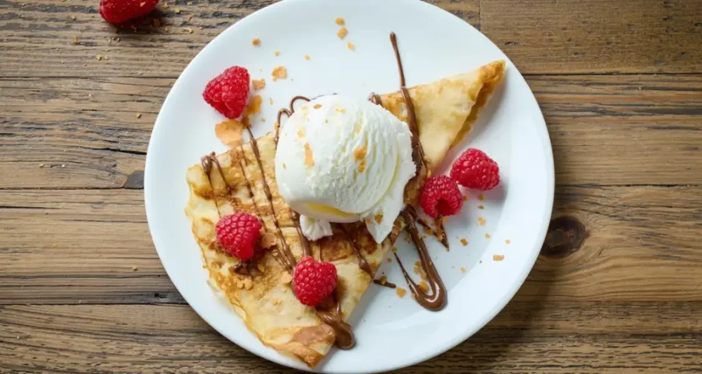 Sobremesa com fatia de torta de maçã acompanhada de sorvete de baunilha, raspas de chocolate e frutas vermelhas servida artesanalmente.