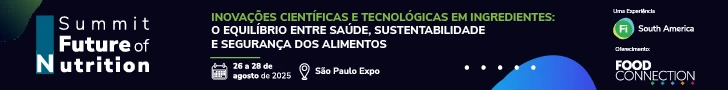 Banner do evento Summit Future of Nutrition realizado em São Paulo, de 26 a 28 de agosto de 2025, com foco em inovações científicas em ingredientes, saúde, sustentabilidade e segurança alimentar.