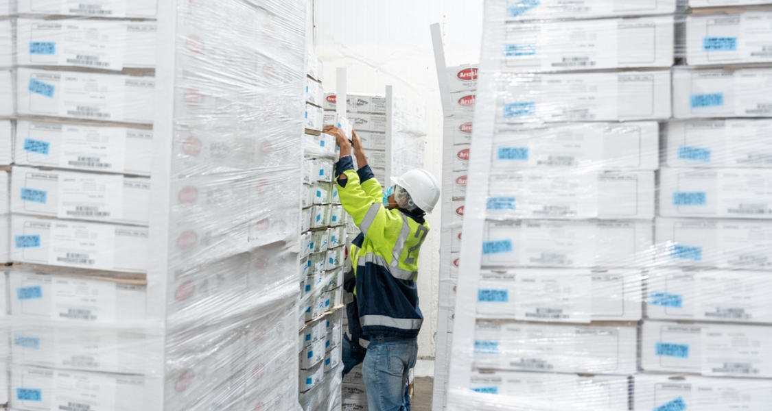 A imagem mostra um trabalhador em um centro de armazenamento ou câmara fria, lidando com caixas empilhadas e plastificadas, o que indica o manuseio de produtos sensíveis ou perecíveis, como alimentos refrigerados ou congelados.