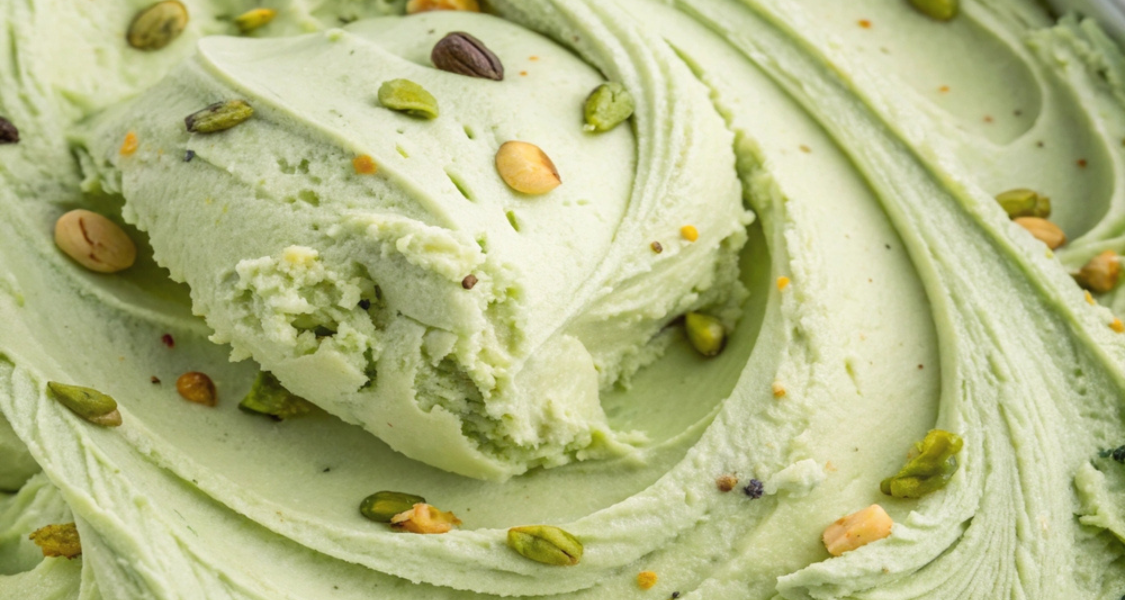 A imagem apresenta um sorvete cremoso de cor verde clara (possivelmente de pistache ou matcha), decorado com pedaços de castanhas e pistaches. A textura é suave e aerada, sugerindo um produto artesanal e de alta qualidade.