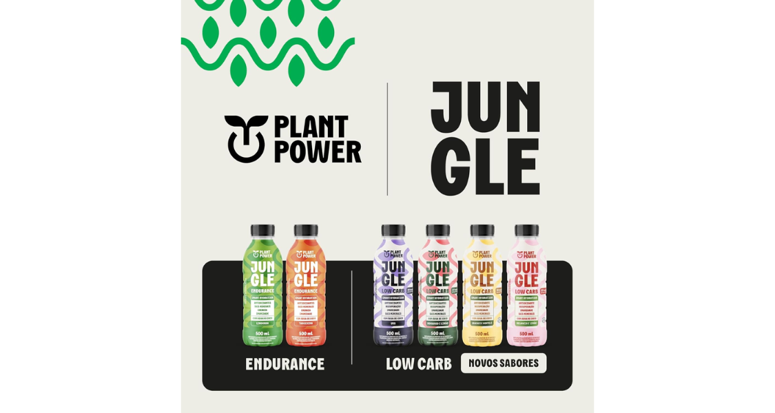 A imagem mostra uma linha de bebidas da marca Jungle, com foco em nutrição esportiva e ingredientes de origem vegetal, promovida sob o conceito "Plant Power".