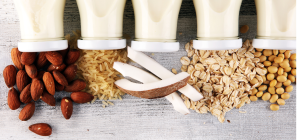 Na parte superior da imagem, há cinco garrafas de vidro contendo leite vegetal, alinhadas lado a lado. Abaixo de cada garrafa estão os ingredientes naturais que representam a base de Amêndoas, arroz cru, côco, aveia e soja.